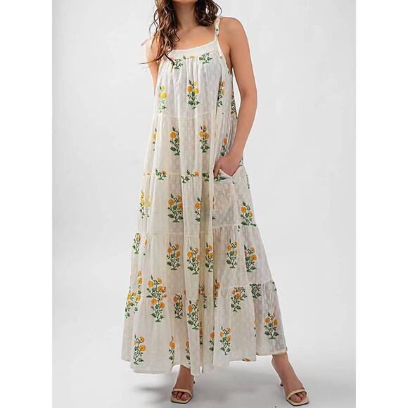 URBAN DAIZY Dresses & Skirts - NEW URBAN DAIZY tiered floral cotton maxi dress in white green yellow